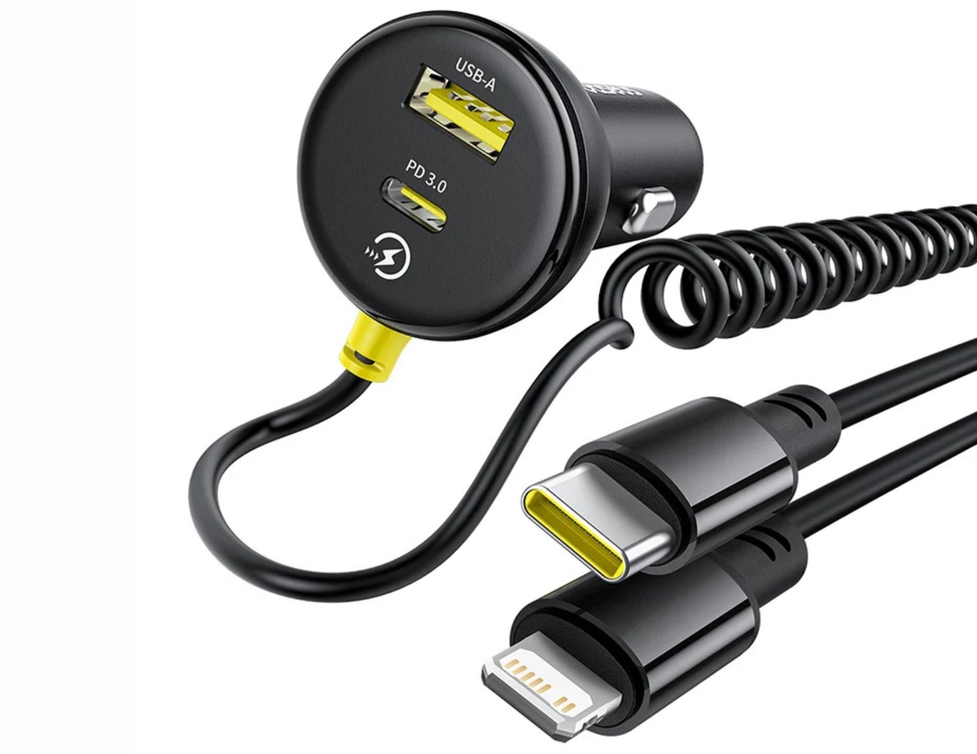 Car charger with USB ports and a coiled cable on a white background