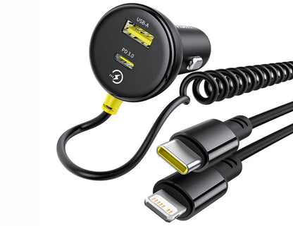 Car charger with USB ports and a coiled cable on a white background