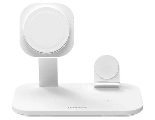 White Momax Q.Mag Pro 3 25W 3‑in‑1 MagSafe Wireless Charging Stand – UD26W on a white background