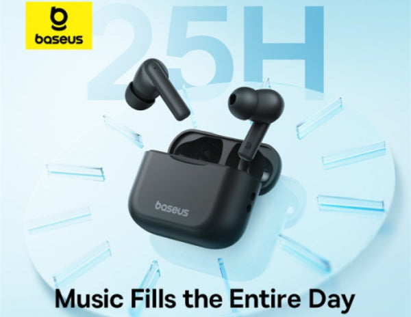 Baseus wireless earbuds with charging case on a blue background