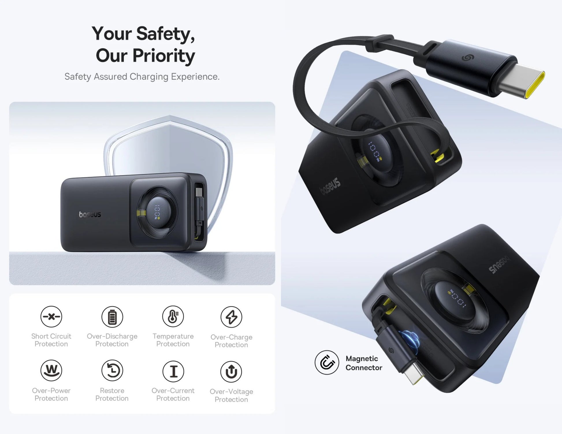 Charging accessories with safety features on a white background