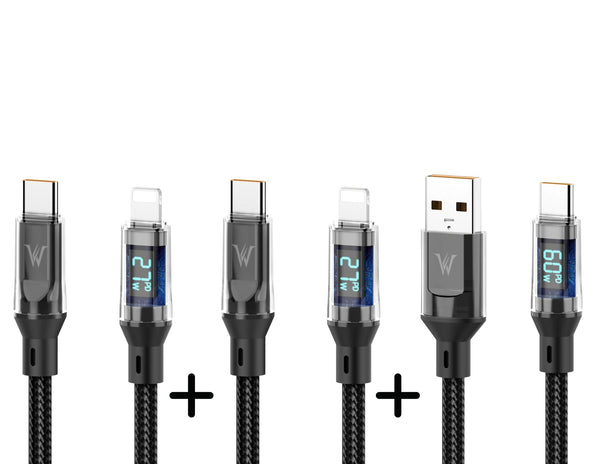 Set of six USB cables with digital displays on a white background