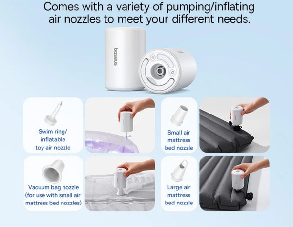 Air pump with various nozzles for different uses on a light blue background