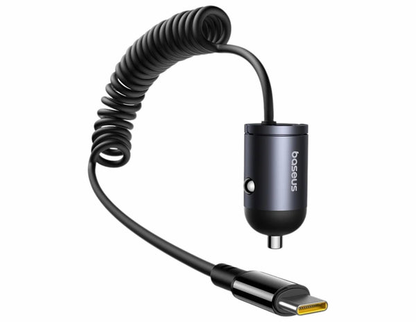 Coiled USB cable with car charger adapter on a white background