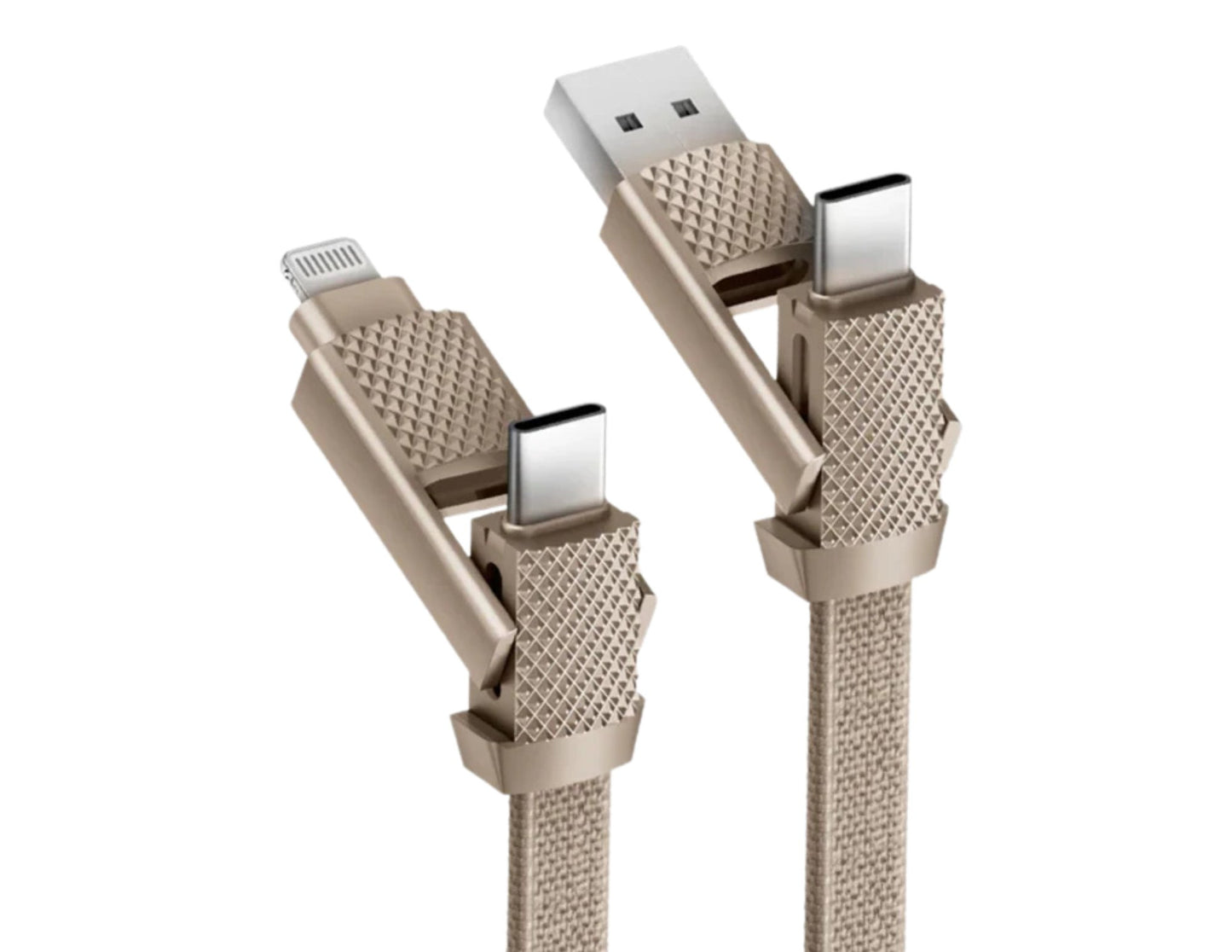 Multifunctional cable with USB, lightning, and micro USB connectors on a white background