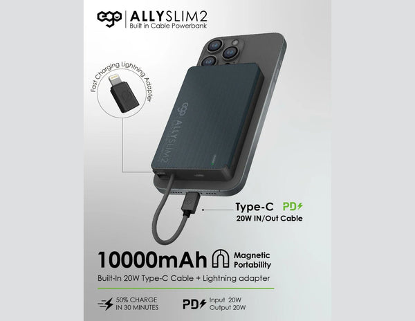 Ally Slim 2 power bank with phone and cable on a light gray background