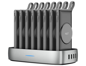A WST PB932W8M 8-in-1 10000mAh Wireless Power Bank Docking Station with multiple detachable power banks and integrated cables in black color.