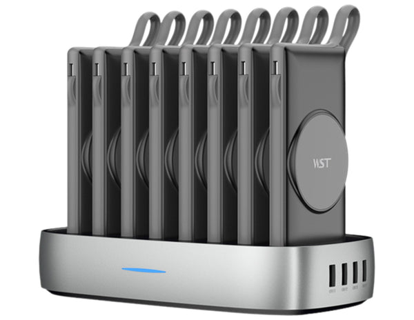 A WST PB932W8M 8-in-1 10000mAh Wireless Power Bank Docking Station with multiple detachable power banks and integrated cables in black color.