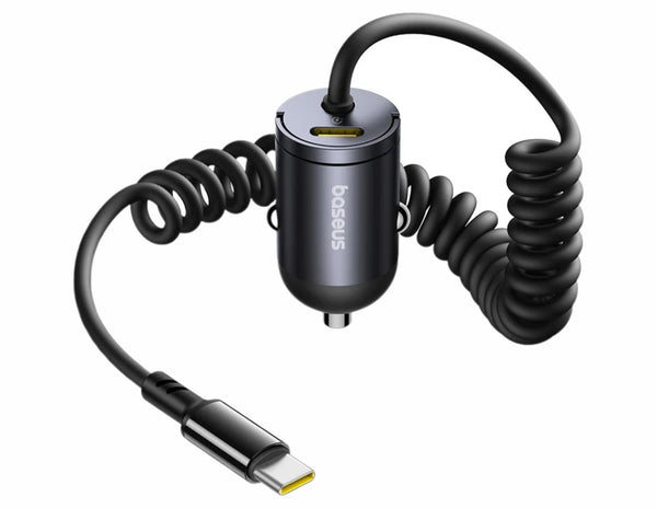 Baseus Tiny Star Mini Car Charger 30W with coiled cable and USB-C connector on a white background