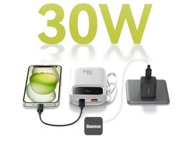 Baseus power adapter with smartphone and cable, displaying '30W' on a white background.