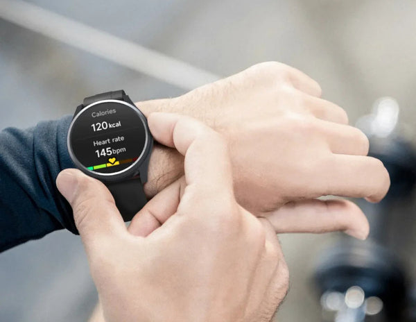 Smartwatch on a person's wrist with health monitoring display