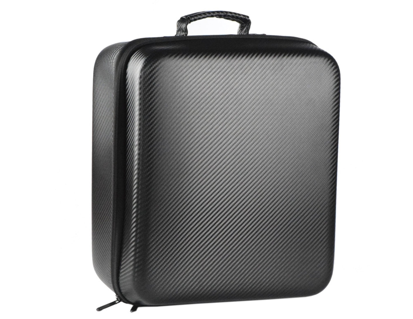 Black carbon fiber-patterned hard-shell suitcase on a white background