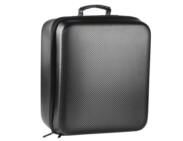 Black carbon fiber-patterned hard-shell suitcase on a white background