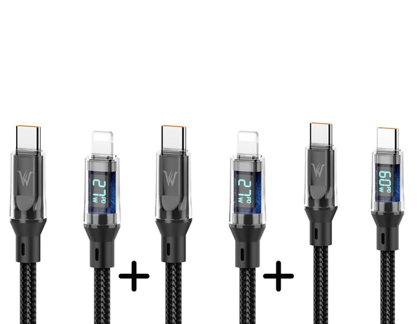 Set of five charging cables with digital displays on a white background