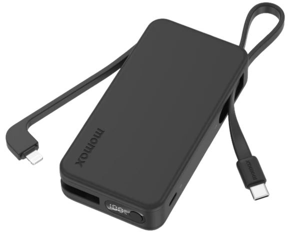 Black portable charger with multiple ports and a cable on a white background