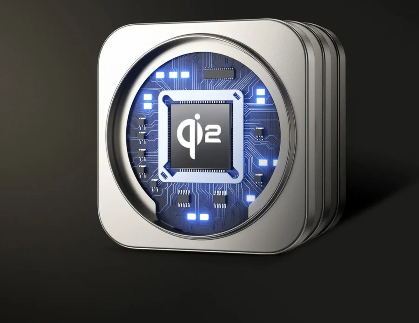 Square metallic case with a blue circuit board design and 'q12' logo on a dark background