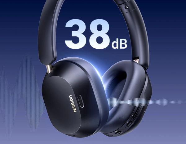UGREEN headphones with 38 dB noise reduction on a blue background