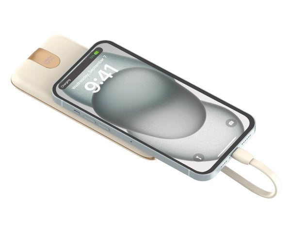 Smartphone with a wst power bank displaying a time on a white background.