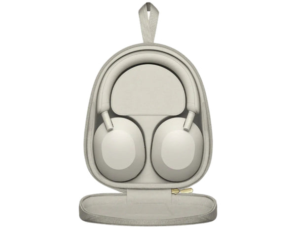 White headphones in a carrying case on a white background