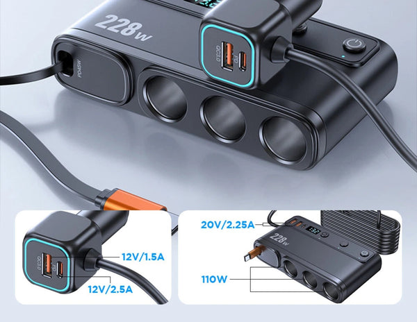Multi-port charging hub with power cables and specifications on a light gray background