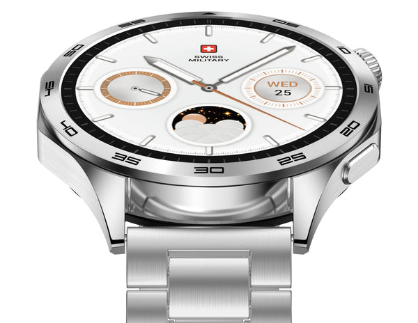 Silver smartwatch with a detailed face on a white background