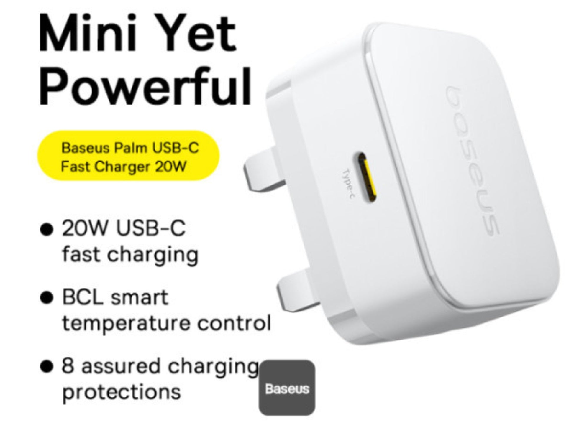 Baseus USB-C fast charger with features listed on a white background