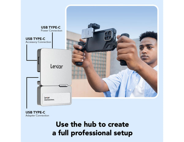 Person holding a device with Lexar hub and diagram on a light blue background