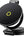 Black wireless charging stand with a yellow logo on a white background