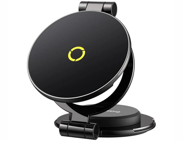 Black wireless charging stand with a yellow logo on a white background