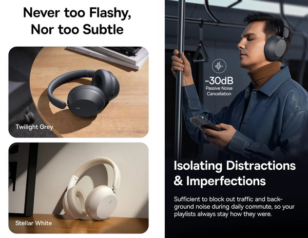 Headphones with noise cancellation feature displayed on a wooden surface and a person using a phone.