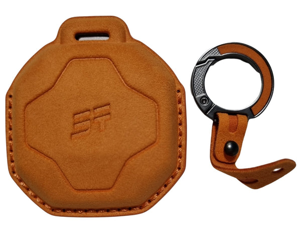 Jetour T2 Car Key Cover – Alcantara / Leather Finish with a carabiner on a white background