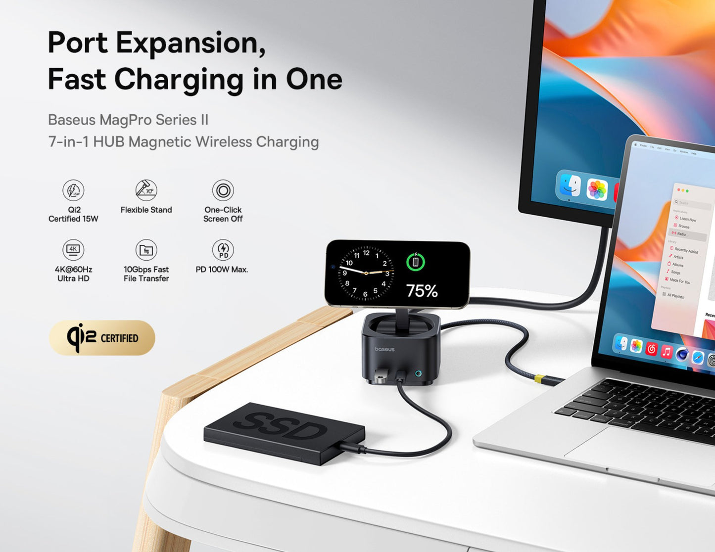 موزع Baseus MagPro Series II USB-C 7 في 1 مع شحن لاسلكي مغناطيسي بقوة 15 وات - أسود كوزميك B00072900121-00