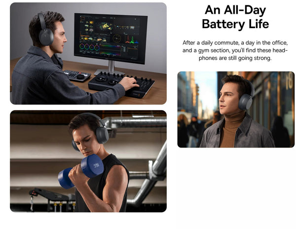 Person using headphones at a desk, exercising with headphones on, and in an urban setting with headphones on.