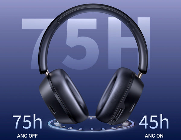 Black headphones with battery life indicators on a blue background