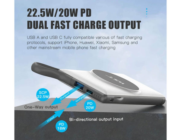 Dual fast charge output device with compatibility information on a blue background