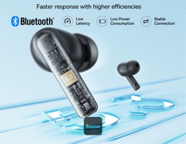 Bluetooth earbuds with features listed on a blue background