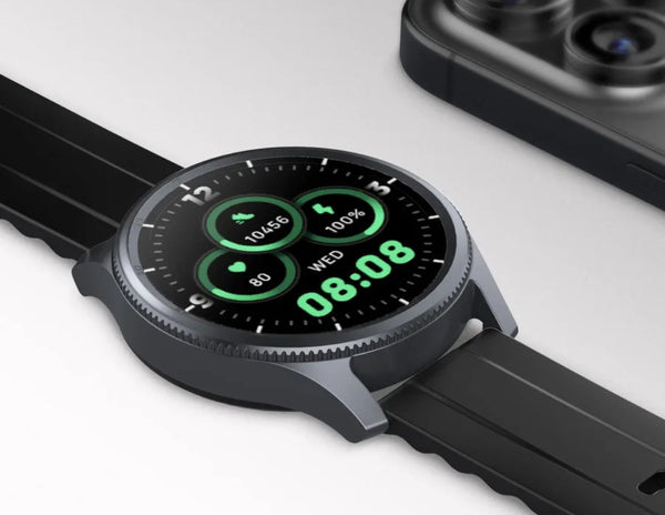 Smartwatch with a black strap on a white background