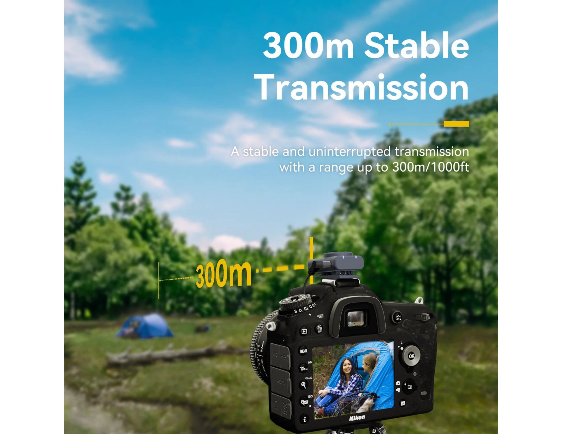 Camera with a scenic background and text about stable transmission range.