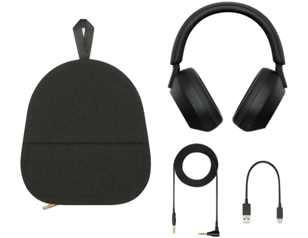 Black headphones with carrying case and cables on a white background