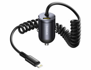 Baseus car charger with coiled cable on a white background