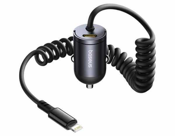 Baseus car charger with coiled cable on a white background