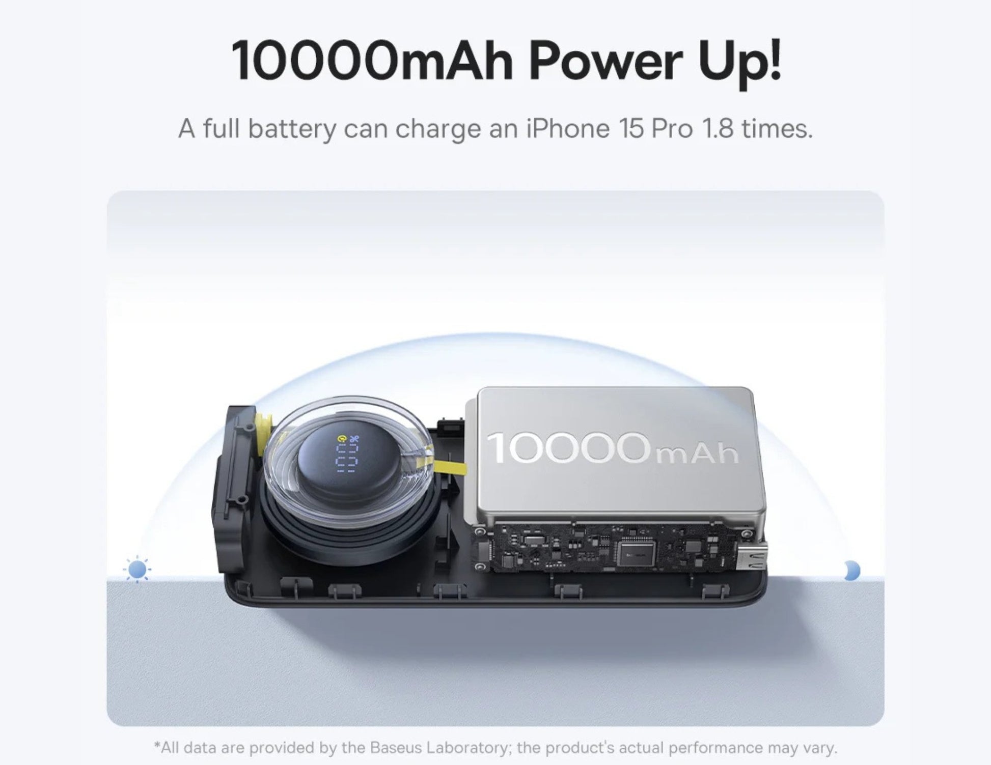 10000mAh battery pack with charging text on a white background
