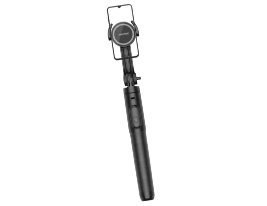 Black Momax 1-Snap Pole Magnetic Tripod Selfie Stick with Wireless Remote – KM17D with smartphone holder on a white background