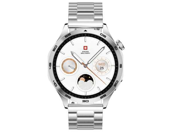 Silver watch with a detailed face on a white background