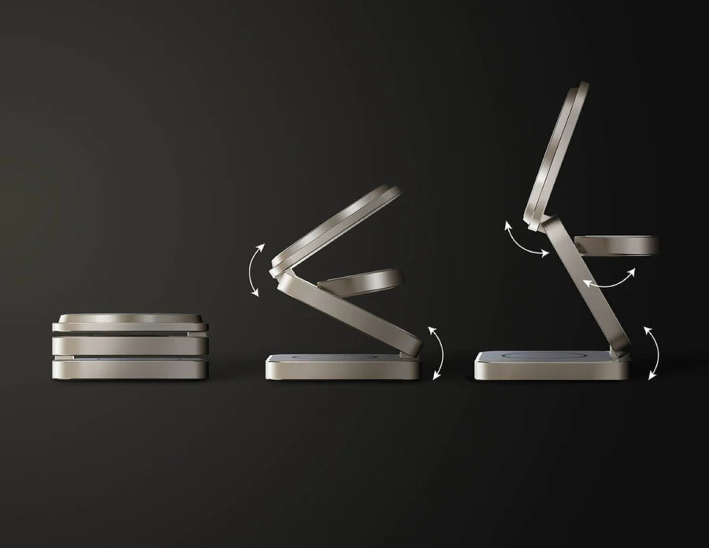 Metal bookends in various positions on a black background