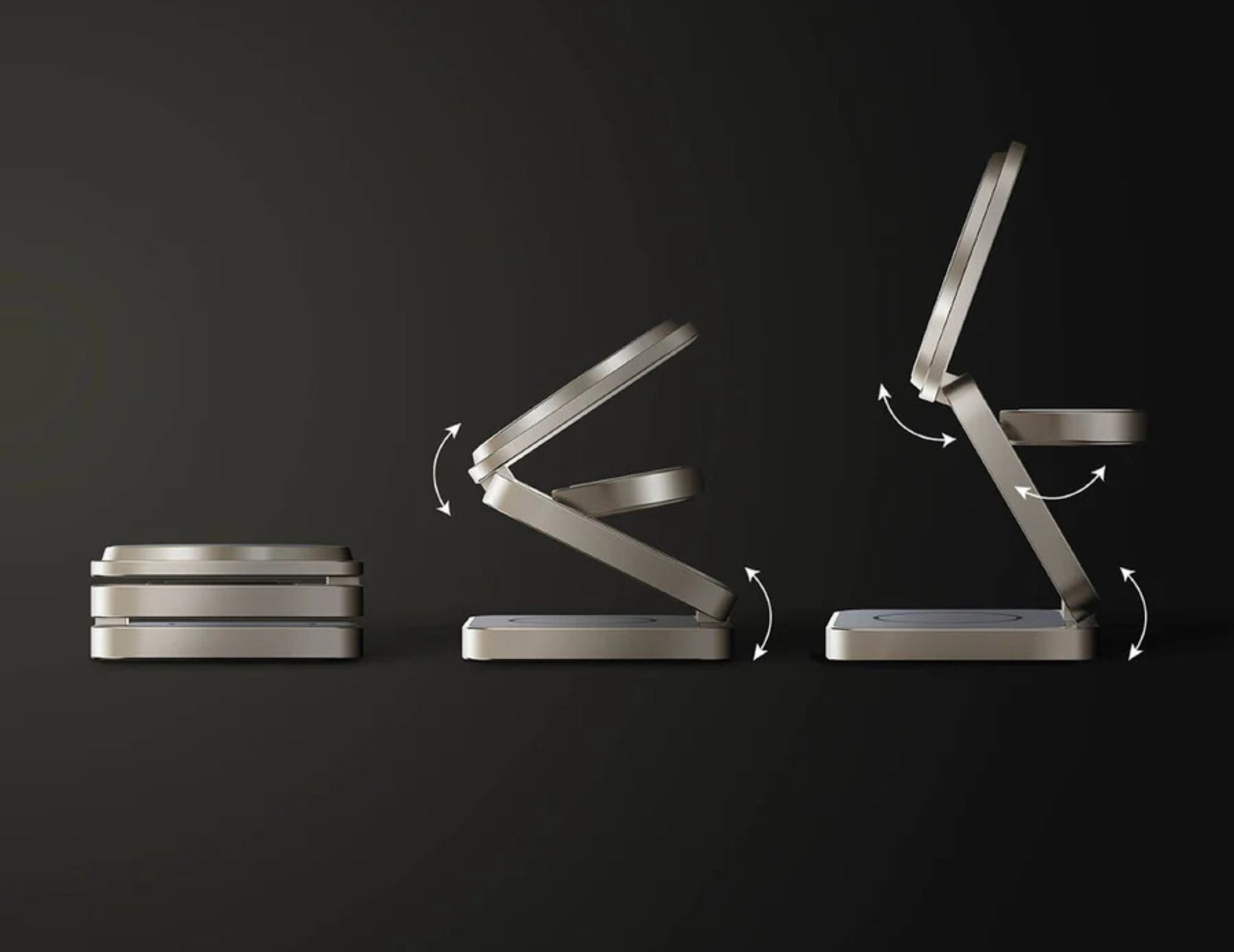 Metal bookends in various positions on a black background