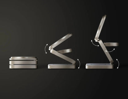 Metal bookends in various positions on a black background