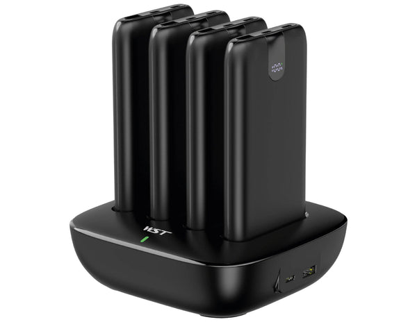 A black 4-in-1 power bank docking station with four detachable power banks and built-in charging cables.