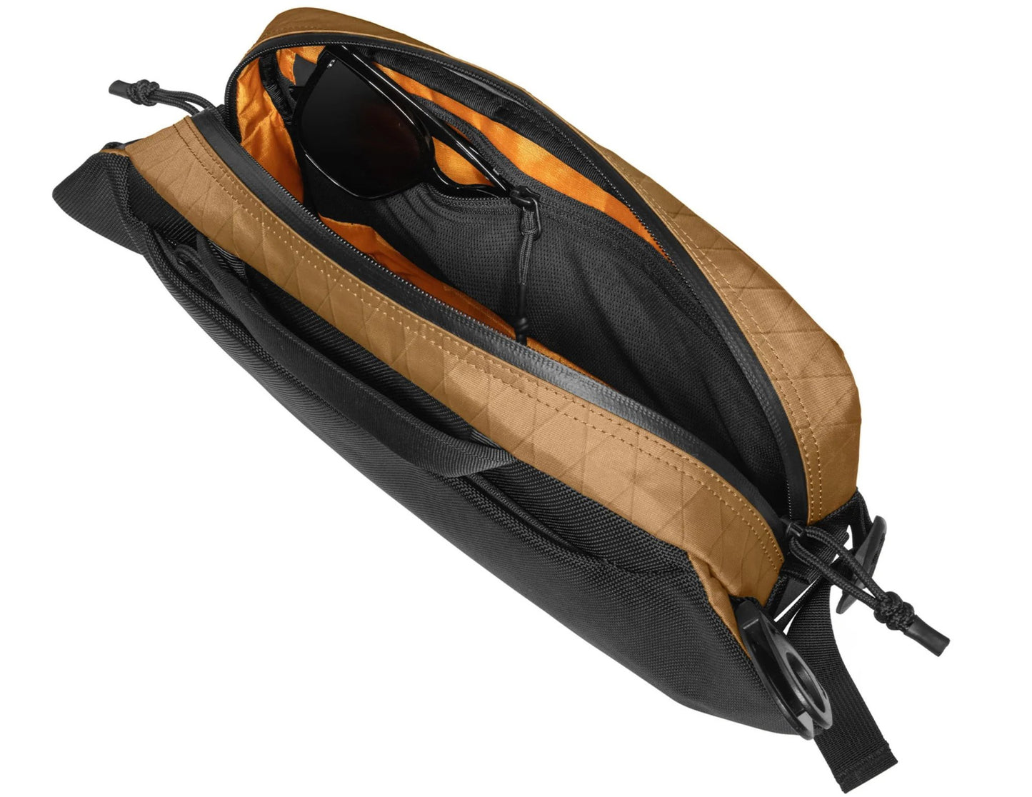 Tomtoc Wander-T26 X-Pac Daily Sling Bag – Brown (T26S1K1) with sunglasses inside on a white background