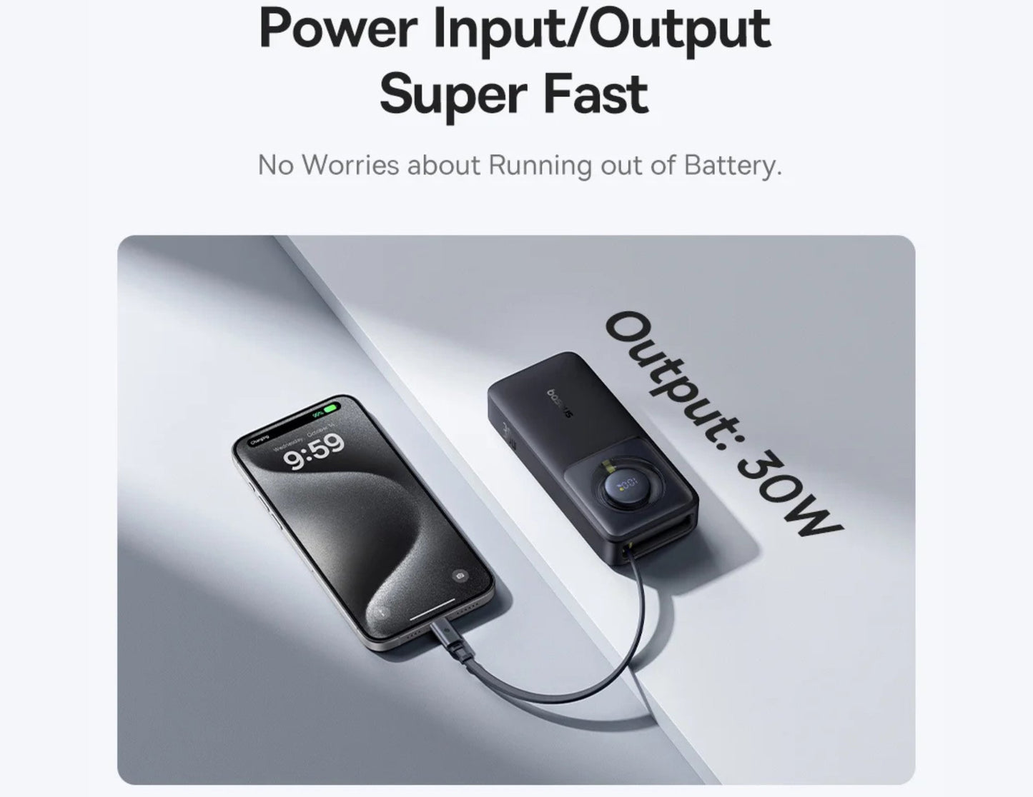 Phone charging with a power adapter on a light gray background, emphasizing fast charging capabilities.